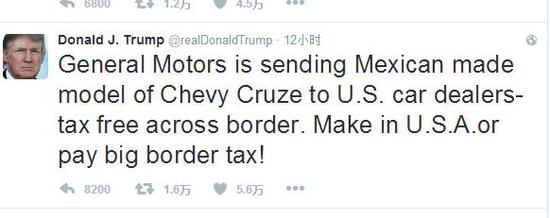 特朗普周二在推特上批评通用汽车