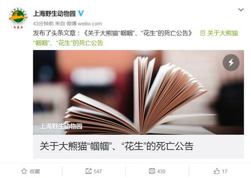 上海野生动物园发展有限责任公司官方微博截图 上海野生动物园发展有限责任公司官方微博截图