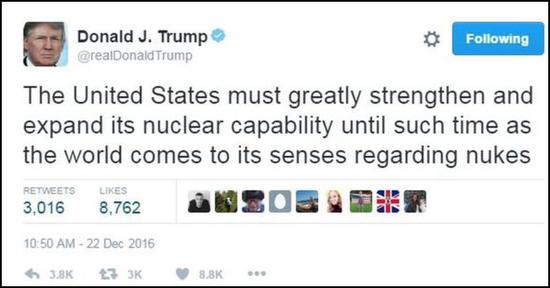 在正式就任总统之前，特朗普就曾宣称要扩充美国的核力量