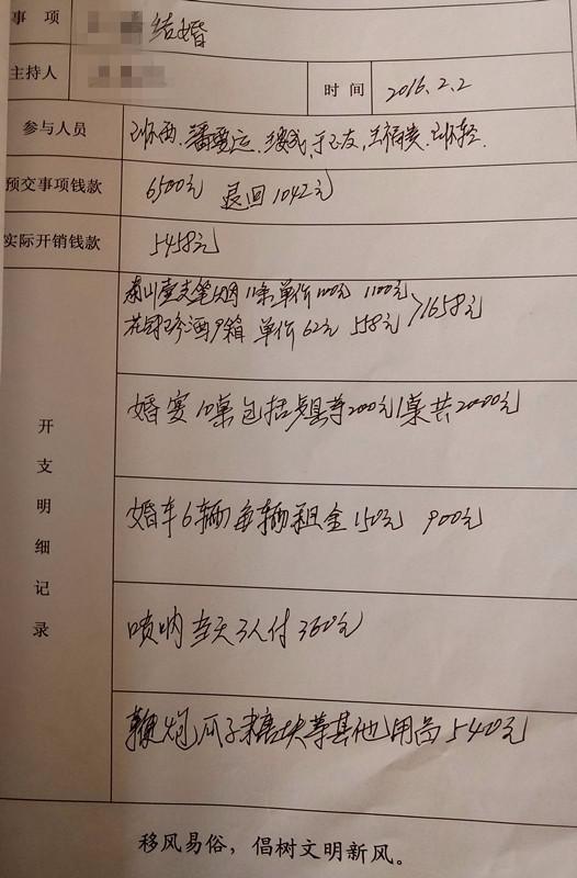 红白理事会对村民婚庆都建有专门档案,明细显示巨野县王土墩村某场婚礼花费5458元。图/李英强