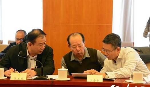 3月5日下午，在政协小组讨论会上，白岩松（右）与其他委员交流。图片来自网络