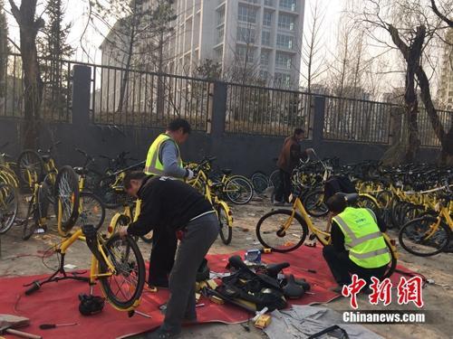 在北京某个共享单车维修点,修车师傅正在工作。中新网 吴涛 摄