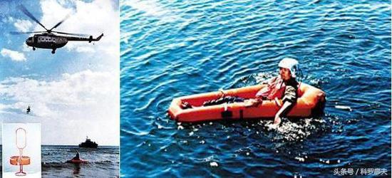 图片：用于直升机海上救生吊运的救生环，以及单人救生筏。