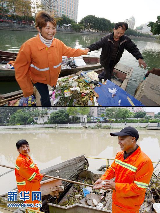 拼版照片，上图：2008年3月12日，杨兰芳（右）、罗祥英夫妇走过盛满垃圾的环卫小船。下图：2016年4月25日，暴雨让福州晋安河内垃圾增多，手指受伤的杨兰芳（右）仍然坚持陪伴在妻子罗祥英身旁，清理内河垃圾。新华社记者 姜克红 摄