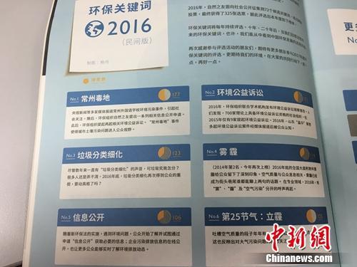 自然之友提供的2016年民间版环保关键词,“垃圾分类细化”排第三。汤琪 摄