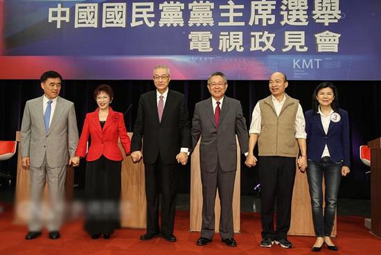 国民党主席6名候选人,从左到右:郝龙斌、洪秀柱、吴敦义、 詹启贤、韩国瑜、潘维刚