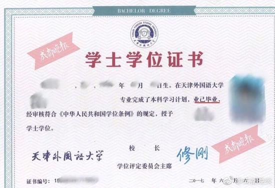 王同学提供的学位证书 