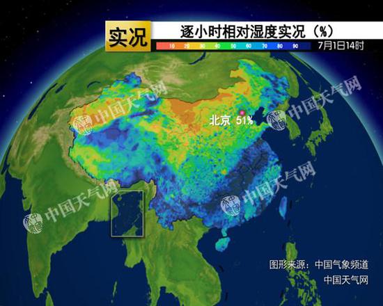 昨天下战书14点，华北、黄淮等地的相对湿度在50%左右，体感闷热。