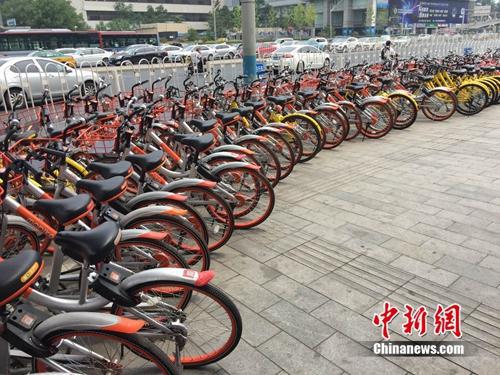 资料图：路边停放着多种共享单车。中新网 吴涛 摄