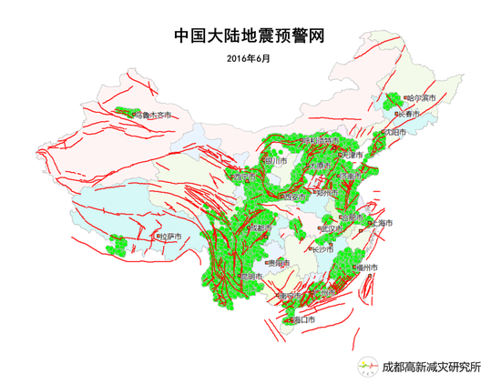  ICL地震预警台网分布图（红色线为地震断裂带，绿色点为地震预警监测台站） 