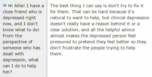 网友：我有个很好的朋友患了抑郁症，而我完全不知道怎么去帮她。作为过来人，你能提供点建议吗？