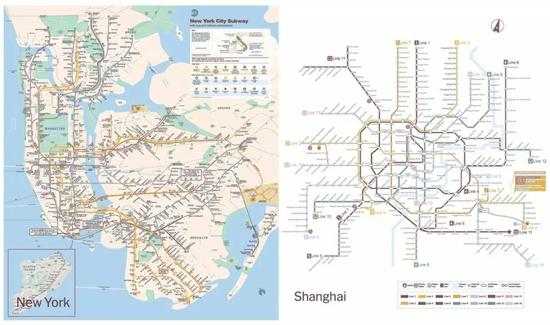 ▲纽约和上海地铁路线图对比