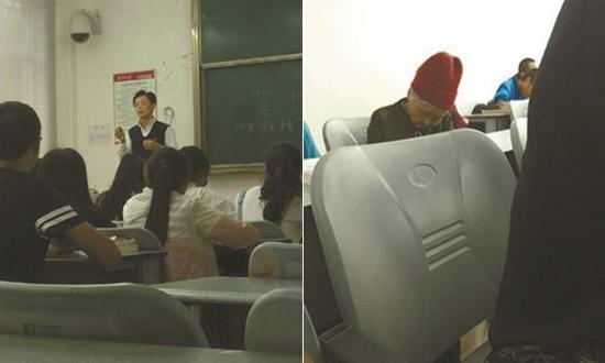 贵州大学经济学院的副教授胡鸣带着老母亲上课。