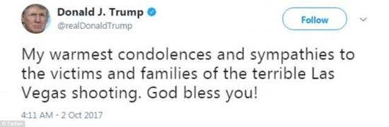 美国总统特朗普2日在推特上向遇难者表达哀悼。（截图）