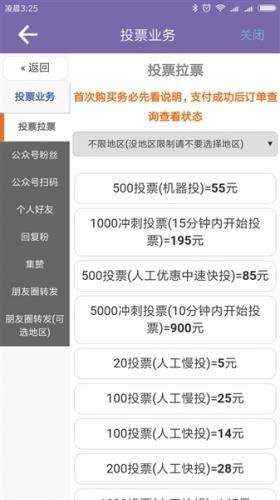 一款刷票APP的业务页面，按投票数量、投票方式、投票快慢、投票时间等明码标价。