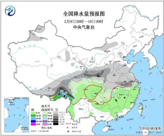 图2 全国降水量预报图(2月9日20时-10日20时)。图片中央气象台网站