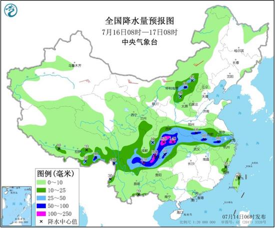  图4 全国降水量预报图（7月16日08时-17日08时）