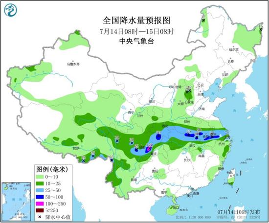  图2 全国降水量预报图（7月14日08时-15日08时）