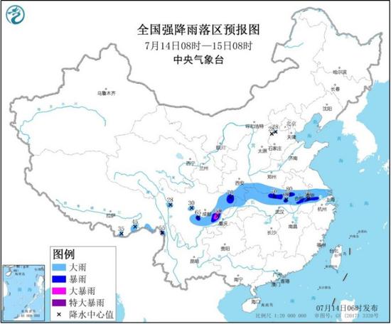  图1 全国强降雨落区预报图（7月14日08时-7月15日08时）