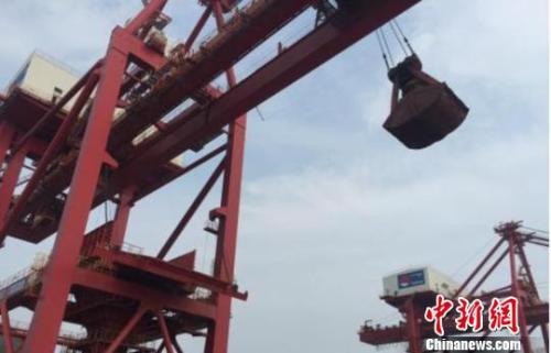 图为散货船进行铁矿砂装卸作业。杭州海关供图