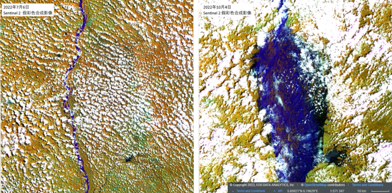 Land Viewer2022年7月6日和10月4日尼日尔河Idah附近对比图，蓝色部分为地表水体。受访者供图