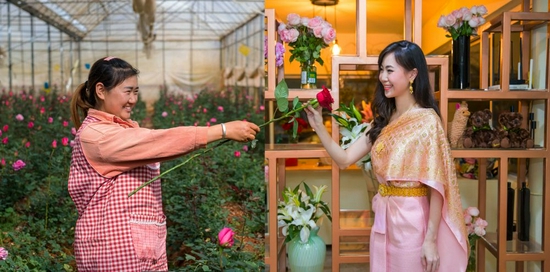 ↑2019年2月，泰国曼谷的一位女士（右）“接过”云南花农“递出”的一支鲜花（拼版照片）。
