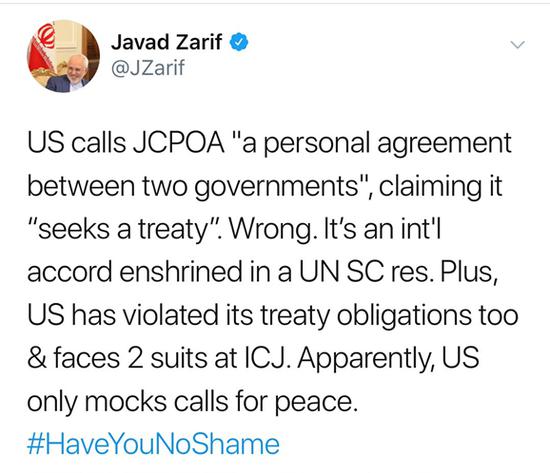 伊朗外长扎里夫质问美国刚毁约就想重谈“要不要脸”（图：扎里夫社交媒体）