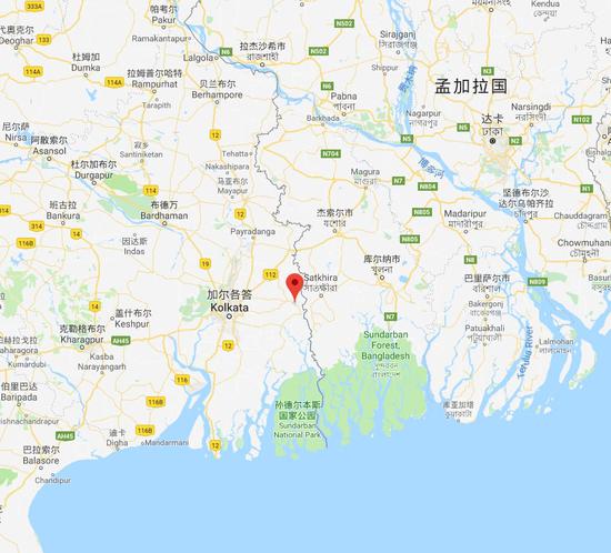 发生选举暴力事件的伯西尔哈德，靠近与孟加拉国边境 谷歌地图
