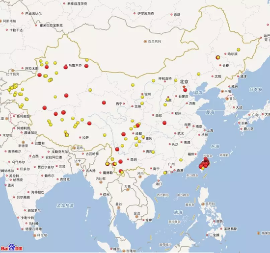 2018年1月1日到3月31日全国三级地震活动分布图(四级以上红色标注)