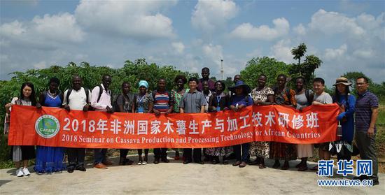  在位于海南省儋州市的中国热带农业科学院儋州校区，来自冈比亚等非洲国家的学员在木薯种质资源基地合影留念（2018年9月11日摄）。新华社记者 王军锋 摄