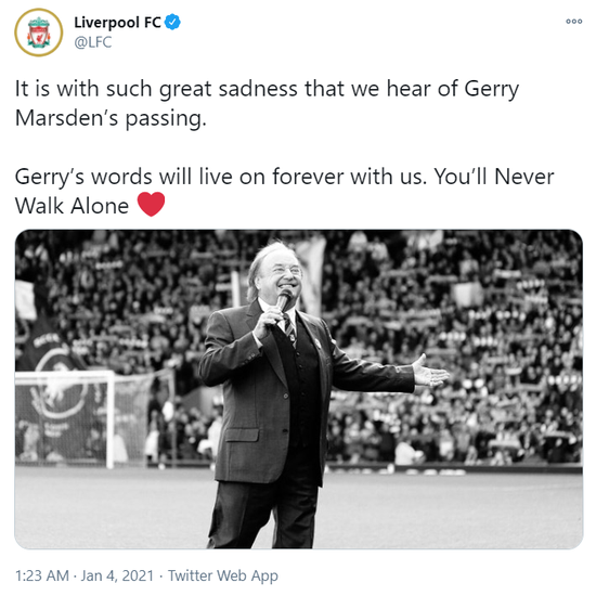 英超利物浦队歌演唱者马斯登去世 享年78岁