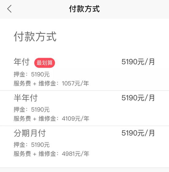 蛋壳公寓APP上，某房源的租金支付方式一览。