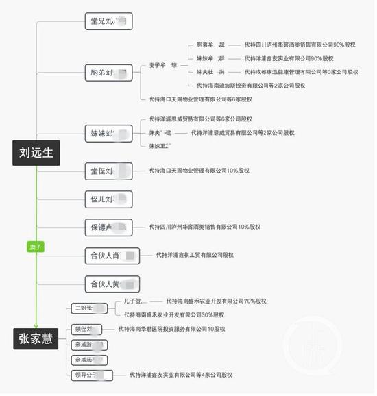 ▲舉報人梳理的張家慧、劉遠生夫婦親屬代持其資產情況圖。受訪者供圖