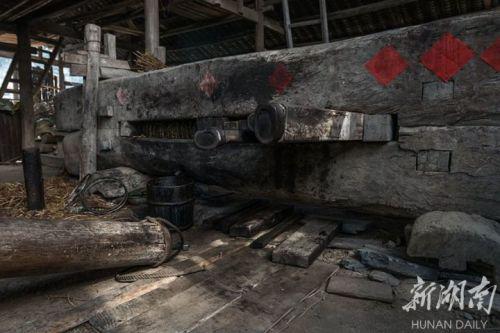 古法榨油 木槽里包裹着油料饼,用横向的木楔挤紧