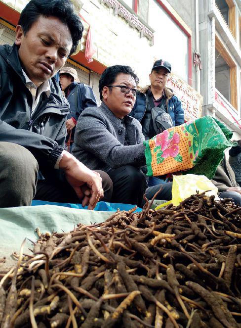 杂多县城的虫草收购商按照当地习俗，在盖着的袖管或者布袋里用手势议价。