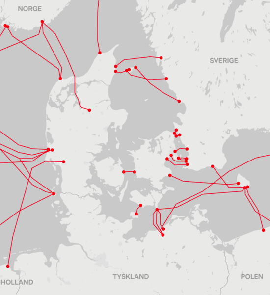  ·海底互联网光缆图，丹麦与多国互联网光缆相连。