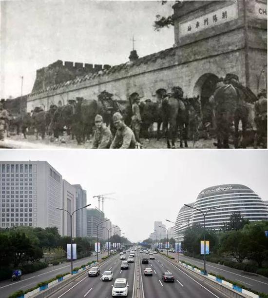 上图为1937年8月8日，日本骑兵在朝阳门车站集结（资料照片）；下图为2017年7月3日拍摄的朝阳门地区（新华社记者 张晨霖 摄）。