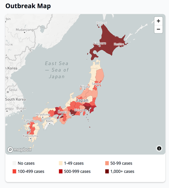 确诊病例地图./ 日本新冠病毒追踪网站截图