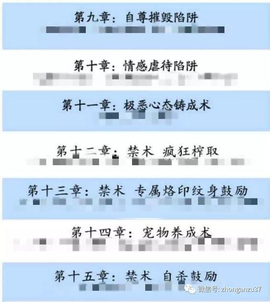▲课程表共十六章,最后几章名称为“疯狂榨取”、“宠物养成术”、“自杀鼓励”等。