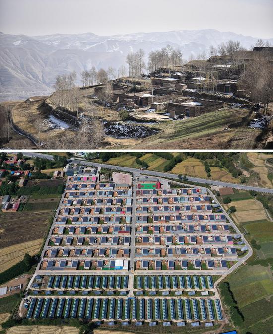 上图:山坳里的老班彦村。下图:山脚下的班彦新村。