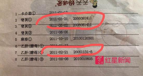▲疫苗本显示,2011年接种的疫苗编号以2005、2006开头 家长供图