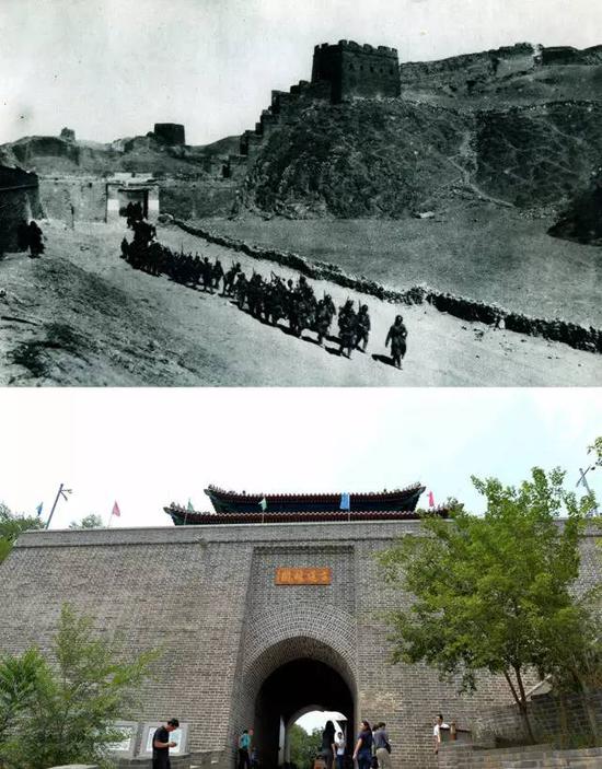 上图为日军进入古北口镇城门（资料照片）；下图为2017年6月21日拍摄的古北口镇城门（新华社记者 王化娟 摄）。