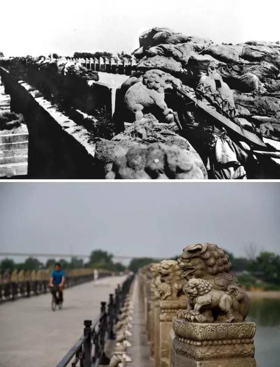 上图为守卫卢沟桥的29军士兵抵抗日本侵略军入侵（资料照片）；下图为2017年7月3日拍摄的卢沟桥（新华社记者 张晨霖 摄）。