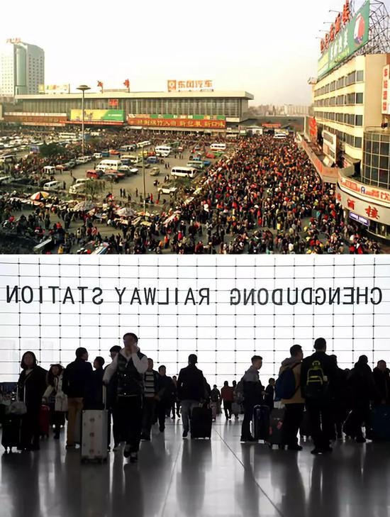 上图:1999年2月24日,成都火车站旅客爆满。新华社记者陈燮摄 下图:2017年1月13日,在成都火车东站,乘客准备乘车。新华社记者薛玉斌摄