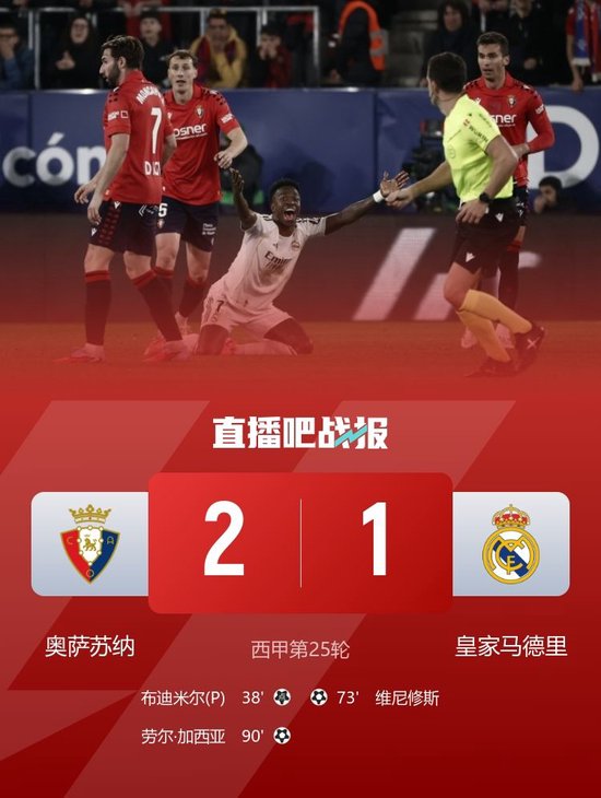 遭绝杀！皇马1-2奥萨苏纳2分领跑 库尔图瓦送点维尼修斯破门