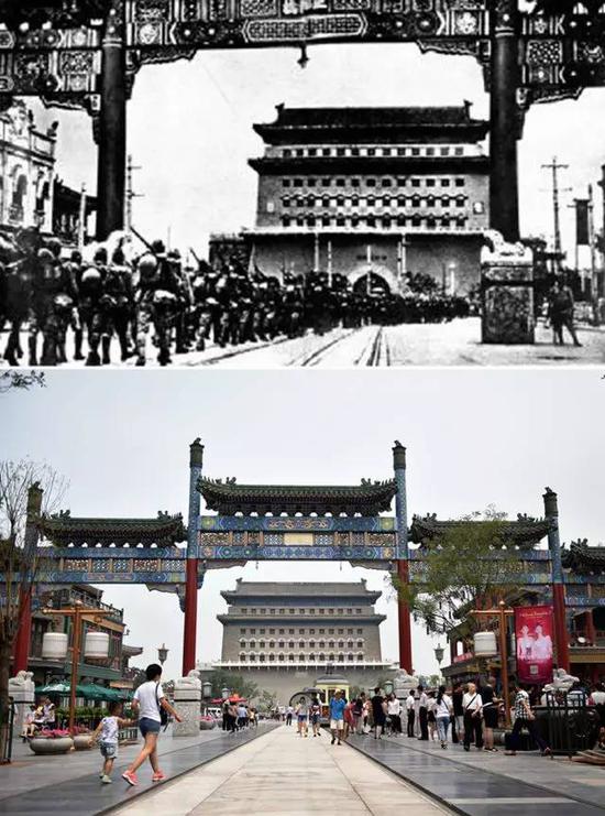 上图为1937年7月29日，日军侵入正阳门（资料照片）；下图为2017年7月3日拍摄的正阳门（新华社记者 张晨霖 摄）。