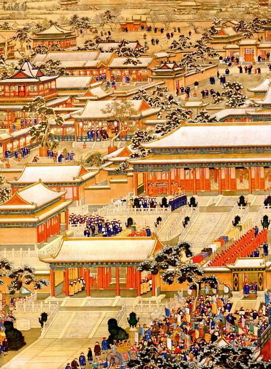 乾隆帝命宫廷画师绘制的《万国来朝图》,画中不只描绘了紫禁城中的元旦朝贺活动,而且着重刻画了宁寿宫中乾隆抱着孙子,看放鞭炮,享受天伦之乐的场景。