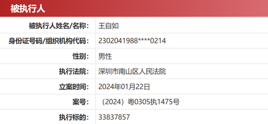 王自如新增一則被執行人信息。圖/中國執行信息公開網