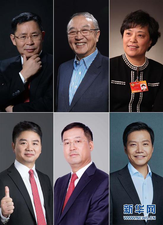 拼版照片:(上排由左至右)用友网络董事长兼CEO王文京,联想控股董事长、联想集团创始人柳传志,时代集团公司总裁王小兰;(下排由左至右)京东集团董事局主席兼CEO刘强东,利亚德创始人李军,小米科技董事长兼CEO雷军。新华社发