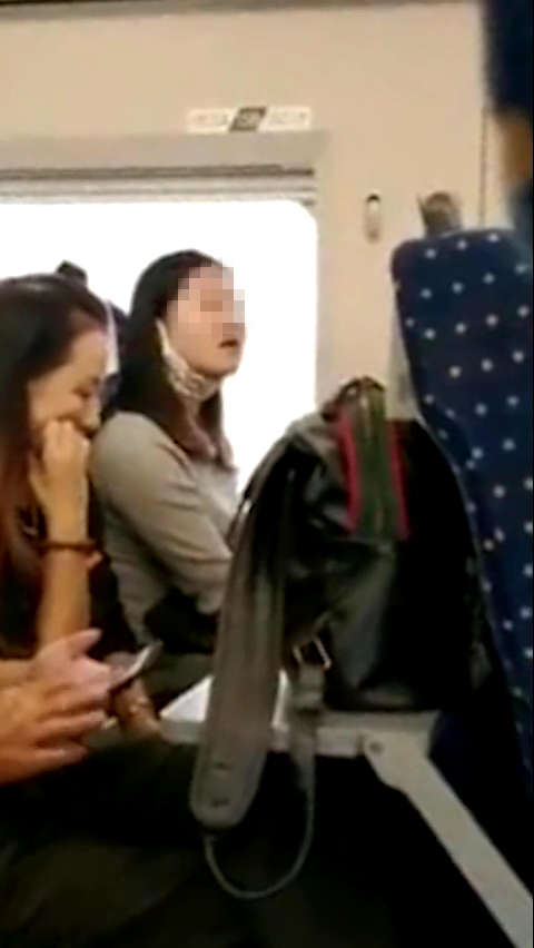 女乘客与前来劝阻的乘客争论起来。(视频截图)